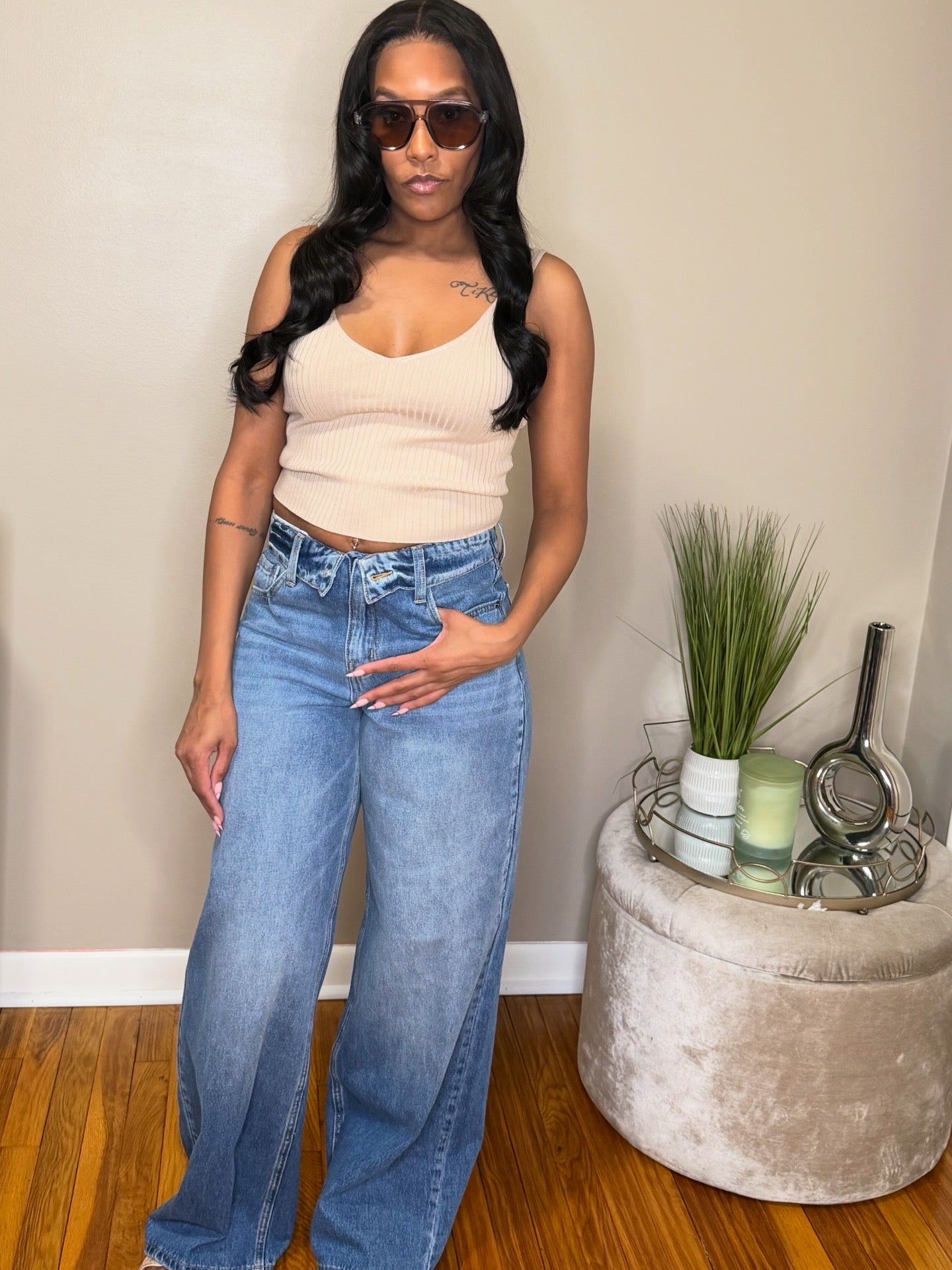 Fold-Over Wide leg Denim Pant