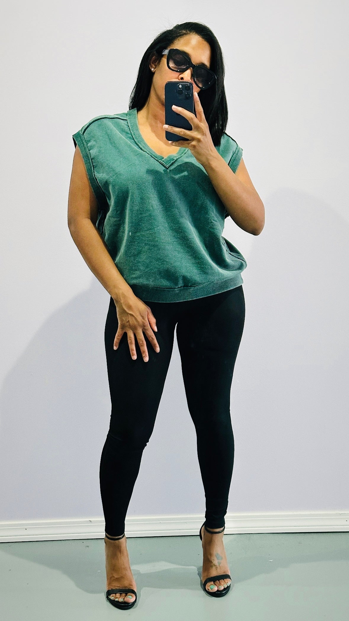 Green Washed V-Neck Top